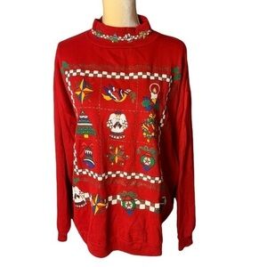 Vintage Nutcracker Ugly Holiday/Christmas Mixed Print Red Sweatshirt Size XL